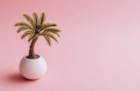 A small potted palm tree stands centered against a smooth pink backdrop. The artificial tree has green fronds and a brown trunk, planted in white spherical pot. The composition features soft lighting and ample copy space. This image could be suitable for various commercial or decorative applications.の素材