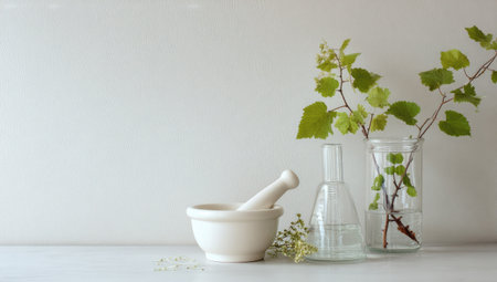 This image presents a minimalist arrangement featuring laboratory flasks and a mortar with pestle. Green botanical elements add a natural touch against a white backdrop. The composition is clean with soft lighting, suggesting a focus on science, health, or cosmetic themes and is suitable for various commercial purposes.の素材