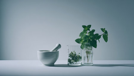 This image presents a minimalist still life featuring a mortar and pestle alongside plant leaves in a glass and a vase. The composition uses cool tones, with soft lighting enhancing the textures of the objects. Suitable for various design projects, it may be used in contexts related to health, wellness, or natural ingredients.の素材
