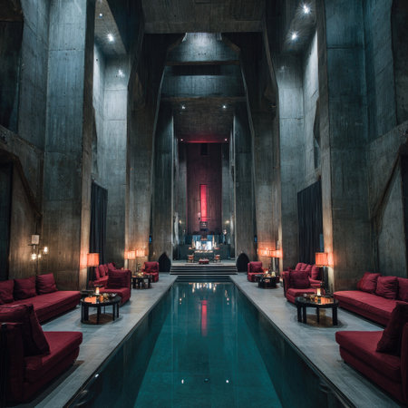 An interior shot showcases a modern architectural space with a central pool and seating areas. The composition features a symmetrical arrangement, dominated by concrete structures and ambient lighting. Deep reds and blues accent the space. This image could be used for architecture, design, or interior design projects.の素材