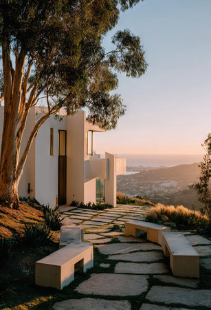 A contemporary white building features an outdoor pathway, leading towards the horizon during the daytime. The image showcases the architecture and its surrounding nature with warm light. Suitable for advertising and editorial use, the image is versatile for various projects.の素材