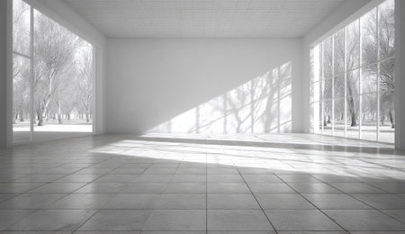 An empty interior space is bathed in sunlight streaming through large windows. The minimalist design showcases clean lines and white walls with a tiled floor. The sunlight casts shadows creating an interplay of light and dark. This image can be used for commercial projects such as backgrounds or architectural illustrations.の素材