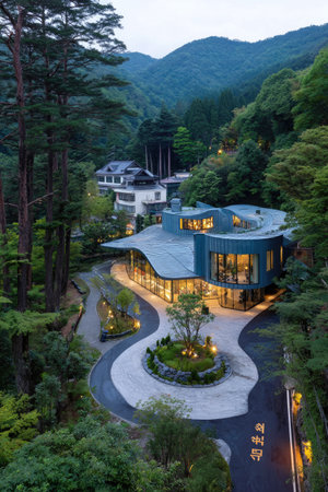 An aerial view showcases a unique architectural structure surrounded by dense greenery. The building features an unusual shape and illuminated windows. The composition captures the integration of design with nature. This image could be suitable for architectural, travel, or lifestyle publications.の素材