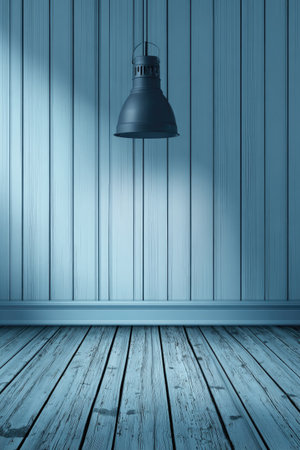 An interior scene features a hanging lamp positioned against a vertical wooden paneled wall, with a wooden floor. The overall color palette is a monochromatic blue. The composition is a vertical perspective. This image would be suitable for commercial applications related to design, architecture, or interior concepts.の素材