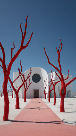 A striking composition features a white, modern building framed by vividly red trees set against a flawless blue sky. The scene is characterized by minimalist architecture, bold color contrasts, and a symmetrical pathway. The image could be utilized in design, advertising, and editorial contexts.の素材