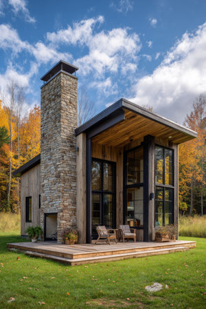 A contemporary cabin showcases a stone chimney and large windows. The structure presents a mix of wood and glass elements under a partially shaded roof. The daylight illuminates the scene with soft hues, suggesting a tranquil setting. This image may be utilized for architectural and lifestyle publications.の素材