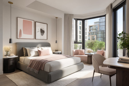 This interior showcases a modern bedroom with a large bed, featuring neutral colors and stylish decor. The composition is bright with soft lighting, highlighting textures. A large window offers a view of surrounding buildings, and the scene is suggestive of a comfortable urban living space, suitable for various lifestyle applications.の素材