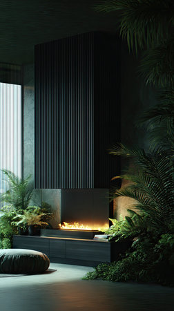 This image showcases a modern fireplace set amidst lush greenery. The scene is characterized by a dark and moody aesthetic, with vertical lines and a minimalist design. The composition features a mix of textures and lighting that create depth and visual interest. It can be suitable for architectural, interior design, or lifestyle publications.の素材