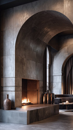 An interior shot showcases a fireplace, illuminated by firelight, integrated into a modern building. Arched architecture defines the space, complemented by a minimalist decor. The scene features neutral tones and soft lighting, creating a warm ambiance. Suitable for commercial projects or editorial design.の素材