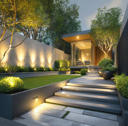 This image showcases a meticulously designed garden with a contemporary aesthetic. A pathway with steps leads to a modern structure. Green grass and manicured bushes complement the architectural elements. The scene is illuminated by strategically placed lighting, enhancing the texture and depth. Suitable for commercial and editorial applications, this image evokes a sense of tranquility.の素材