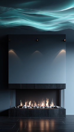 This image showcases a modern fireplace with a fiery display. The scene features a sleek, dark-colored surround and a textured ceiling design. The composition is likely indoors, with soft lighting enhancing the atmosphere. Suitable for a variety of uses, including interior design projects or concepts.の素材