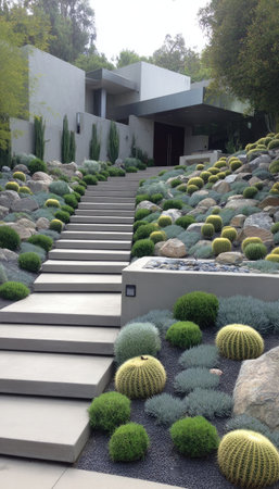 An exterior view showcases a modern home with a concrete staircase leading up to the entrance. Lush greenery and varied stone formations surround the path, with a mixture of colors. This scene suggests a peaceful, well-designed environment suitable for architectural, travel, or lifestyle visuals.の素材