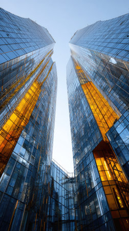 Two contemporary skyscrapers with mirrored glass facades dominate the vertical composition. The buildings reflect golden sunlight and a brilliant blue sky. The image showcases architectural design, capturing light and shadow. Ideal for commercial applications related to business, finance, and urban development, as well as abstract concept use.の素材