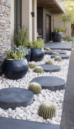 An exterior view showcases a modern landscape design featuring cacti and other plants arranged in black pots. The scene incorporates round stepping stones amidst white pebbles, leading to an entrance. The setting appears to be outdoors during daylight, suitable for commercial projects or editorial usage, emphasizing design and aesthetics.の素材