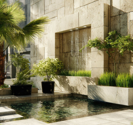 An architectural composition showcases a water feature cascading into a reflective pool. The scene features potted plants, green grass, and stone surfaces, illuminated by daylight. This image could be suitable for architecture, design, and environmental content. The aesthetic suggests a tranquil setting.の素材