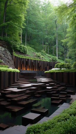 A contemporary garden design showcases a multi-tiered water feature with a geometric pattern. The scene presents a combination of natural elements with an innovative design. This image evokes tranquility with its rich green hues and ambient lighting, suitable for various editorial and promotional applications.の素材