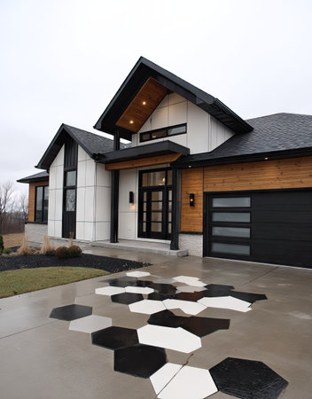 A contemporary home exterior showcases a modern architectural design. The image features a house with a black roof, wooden panels, and geometric pathway. The composition and lighting create a visually appealing scene, suitable for architectural or real estate presentations. This image could be used for various commercial or editorial purposes.の素材