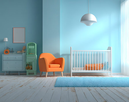 A well-lit interior scene presents a nursery room with a crib, chair, and rug. The design incorporates a muted color palette dominated by blue and orange. The composition suggests a clean, modern aesthetic with ample copy space, making it ideal for various commercial applications.の素材