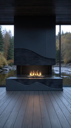 A contemporary fireplace dominates the scene, featuring dark tones and artistic design. Natural light streams through expansive windows, revealing a scenic view of a river and forested area. The composition and lighting create a sophisticated ambiance suitable for architectural, interior design, and lifestyle projects.の素材