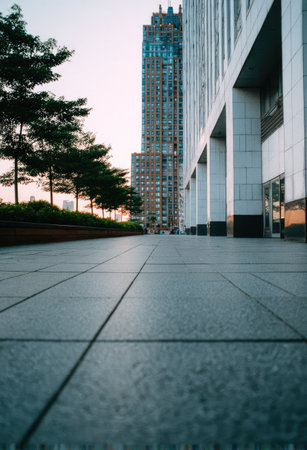 A low-angle shot presents a modern cityscape, showcasing towering buildings and a meticulously tiled concrete pavement. The composition features a symmetrical arrangement, with buildings dominating the scene and a line of green trees on the left. Soft, diffused sunlight casts a warm glow, suggesting an evening setting. This image could be used for various commercial or editorial purposes.の素材