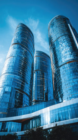 Three contemporary skyscrapers feature a blue glass facade, reflecting the sky. The architectural composition presents a dynamic view with rounded towers. The daytime setting suggests commercial usage. The structures suggest a modern, urban environment, offering potential for a variety of visual communication needs.の素材