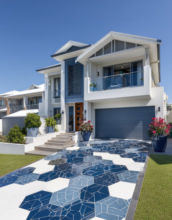 The image features a modern house exterior with a unique blue and white geometric pavement design. The composition highlights the house, showcasing landscaping and a garage door. Sunlight illuminates the scene, highlighting the colors and textures, suggesting a residential environment suitable for architectural or real estate presentations.の素材