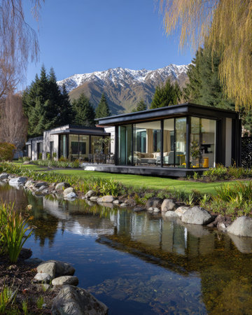 A contemporary house features large windows and a minimalist design. The composition includes a reflective pond, lush green grass, and trees. The natural light casts shadows, emphasizing the architecture and surrounding landscape. Suitable for real estate, travel, or architectural design promotions.の素材