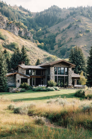 A contemporary house blends into its natural environment, featuring stone and glass elements. The image showcases a lush green lawn, complemented by a backdrop of rolling hills and dense foliage. Soft lighting suggests a daytime setting, suitable for illustrating real estate or architectural concepts.の素材