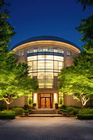 A well-lit building features large glass windows and an elegant arched design. Lush green trees frame the structure against a dark blue evening sky. The composition emphasizes architectural details and ambient lighting, suitable for various commercial uses. The image conveys a sense of sophistication and design.の素材