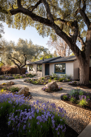 A modern house exterior features a landscaped yard with various plants, large trees, and gravel pathways. The composition showcases a contemporary design with neutral colors and natural elements. The image displays natural sunlight and offers potential applications in architecture, real estate, and lifestyle content.の素材