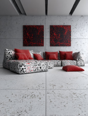 A contemporary interior showcases a patterned sofa and accompanying cushions. Red artwork panels adorn the concrete wall, illuminated by overhead lighting. The composition presents a minimalist style with a focus on geometric shapes and textures. Suitable for illustrating home decor, design projects, and architectural concepts.の素材