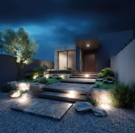 An exterior view showcases a modern home design with illuminated steps leading to the entrance. The composition features a meticulously designed garden with trees and rocks, illuminated by soft lighting. The scene is set at dusk with a dark sky, suggesting an inviting atmosphere for various architectural or real estate presentations.の素材