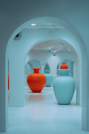 An interior shot reveals several large, decorative vases in shades of orange and blue. The vases are positioned within a series of arched doorways, creating a sense of depth and symmetry. The scene is illuminated by soft lighting, highlighting the smooth surfaces of the objects and the clean lines of the architecture. Suitable for design, art, or lifestyle content.の素材