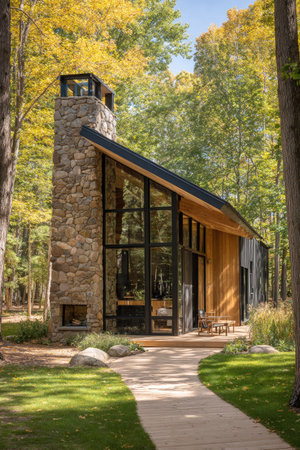 A contemporary house features a tall stone chimney and extensive glass walls blending the interior with the outside environment. The building combines natural wood siding with dark framing and a sloping roof. The daylight illuminates the composition, suggesting potential use for real estate or architectural publications.の素材