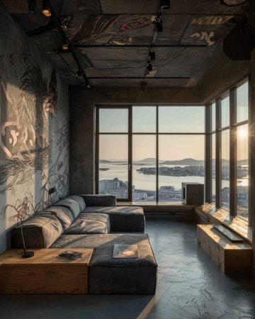 This image showcases a modern interior living room with a large gray sectional sofa, wooden tables, and expansive windows. The room features a concrete wall with artwork and a high ceiling with track lighting. The scene is bathed in natural light, suggesting a daytime setting, perfect for various commercial applications.の素材