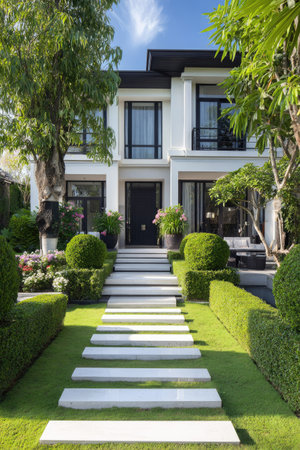 A contemporary residential building is showcased with a symmetrical design and a welcoming pathway. The image presents a clean white exterior, complemented by manicured green lawns, trimmed hedges, and vibrant shrubbery. Natural light emphasizes the architectural details, suitable for various editorial and commercial applications.の素材