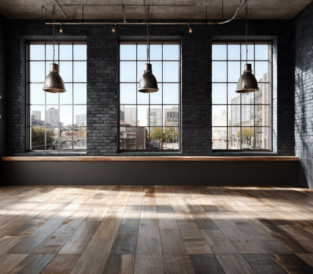 An interior space features three expansive windows, offering a view of a cityscape. Sunlight streams through, illuminating a wooden floor. The setting has a modern aesthetic, characterized by dark brick walls and hanging pendant lights. This image could be used for architectural or design-related projects, as well as editorial content.の素材