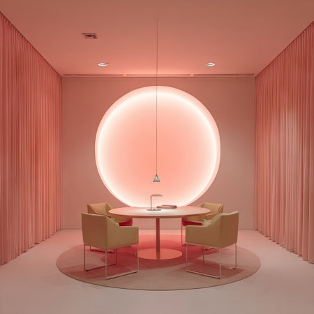 A contemporary interior scene showcases a circular light fixture as a focal point, complemented by a round table and minimalist chairs. The color palette primarily features soft pinks and creams, creating a harmonious and inviting atmosphere. The composition emphasizes symmetry and balance. This image is suitable for various commercial uses, including interior design and lifestyle themes.の素材