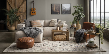 This interior scene showcases a contemporary living room design. The image depicts a sectional sofa, a coffee table, and an armchair. Plants and decorative pillows add warmth to the space. The room is bathed in soft, natural light, implying an indoor setting. Suitable for use in lifestyle or interior design-related projects.の素材
