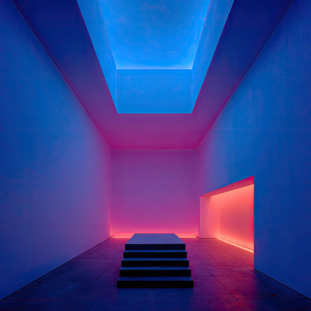 An interior space features a symmetrical design illuminated with vibrant blue and pink hues. The composition includes an elevated platform and a rectangular opening at the end. The lighting creates a dynamic and modern atmosphere, with the use of color and shadow. Suitable for abstract concepts or design projects.の素材