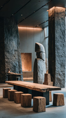 An interior shot reveals a large wooden table surrounded by wooden stools. A stone sculpture stands prominently, and massive stone pillars frame the scene. The lighting is soft and warm, suggesting an indoor setting. This image is suitable for illustrating design, architecture, or lifestyle content.の素材