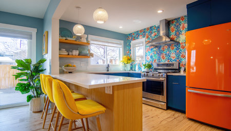 This interior showcases a brightly colored kitchen with an island and bar stools. The scene features various colors including blue, yellow, and orange. The composition highlights design elements, providing a cheerful and inviting atmosphere. Ideal for commercial applications related to home decor and interior design.の素材