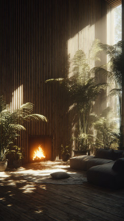 An indoor scene showcases a cozy fireplace surrounded by various green plants. Warm sunlight streams in, illuminating the interior's wooden textures and creating soft shadows. This image could be used for articles, advertisements, or visual storytelling projects related to home design and lifestyle.の素材