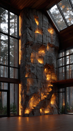 This image showcases a modern interior space with a prominent stone wall illuminated by warm lighting. Large windows offer views of a forest environment. The composition highlights contrasting textures and light, suggesting a sophisticated and inviting atmosphere. Ideal for use in architectural, design, or lifestyle publications.の素材