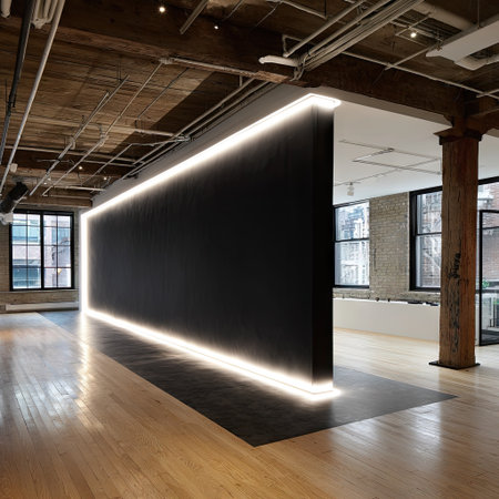 This image showcases a modern interior space with a striking black wall illuminated by a strip of light. The composition features wooden flooring and exposed ceiling elements. The scene suggests a spacious environment with natural light, suitable for various commercial applications and design-related projects.の素材