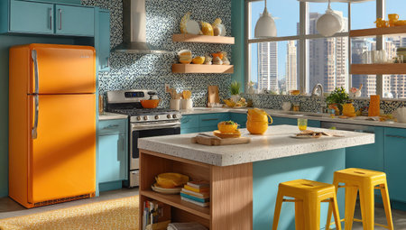 This interior showcases a well-lit kitchen featuring an orange refrigerator, kitchen island, and various appliances. The composition includes blue cabinetry and yellow stools. The scene is illuminated by natural light, creating a bright and inviting atmosphere. Suitable for use in design, editorial, or commercial projects.の素材
