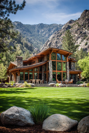 An architectural image showcases a contemporary home featuring extensive use of wood, glass, and stone. Sunlight highlights the home's facade and the green lawn in front. The composition emphasizes a connection to nature, suitable for promotional or editorial uses. The scene suggests a remote, scenic environment.の素材