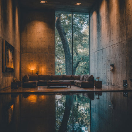 A spacious interior features a large window with a view of a tree and its reflection in the water. The scene is illuminated by warm lighting, creating a comfortable atmosphere. The composition emphasizes a modern style, with a focus on lines and symmetry. It is suitable for commercial uses, such as lifestyle and design.の素材