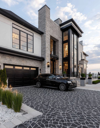A contemporary home exterior showcases a sleek black car parked on a decorative driveway. The building features large windows, a stone facade, and a modern architectural style. The scene is illuminated by soft daylight, suggesting an upscale residential environment, suitable for various lifestyle or real estate related projects.の素材