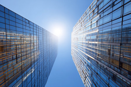 Two towering skyscrapers with reflective glass facades dominate the frame, bathed in bright sunlight. The composition emphasizes vertical lines and geometric patterns against a clear blue sky. The image suggests urban development and can be used for commercial projects related to real estate or business.の素材
